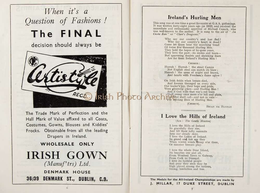 All Ireland Senior Hurling Championship Final,.Brochures,.03.09.1950, 09.03.1950, 3rd September 1950, .Tipperary 1-9, Kilkenny 1-8, .Minor Tipperary v Kilkenny,.Senior Tipperary v Kilkenny, .Croke Park, ..Advertisements, Certistyle Irish Gown, ..Songs, Ireland's Hurling Men, ..Poems, I Love the Hills of Ireland,