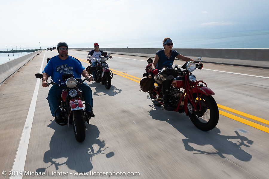 Andrea Labarbara riding her 1934 Indian 4-cylinder beside Curtis Venable on his HD Flathead and her husband Bob Zeola in the back on his HD Knucklehead during the Cross Country Chase motorcycle endurance run from Sault Sainte Marie, MI to Key West, FL. (for vintage bikes from 1930-1948). Stage-10 covered just 110 miles from Miami to the finish in Key West, FL USA. Sunday, September 15, 2019. Photography ©2019 Michael Lichter.