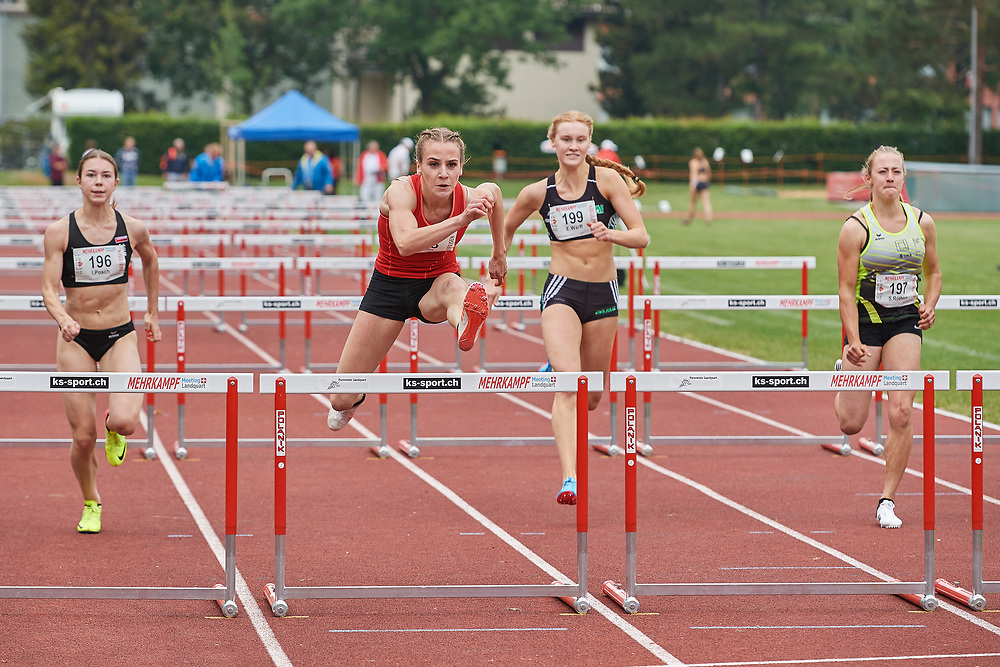 Landquart, Switzerland. May 19, 2018. 100 meters hurdles competition at the athletics combined events meeting in Landquart. From left to right: Isabel Posch TS Lustenau, Annik Kälin AJ TV Landquart, Erika Wärff Malmö AI, Röthlin Sandra Röthlin Leichtathletik Kerns.