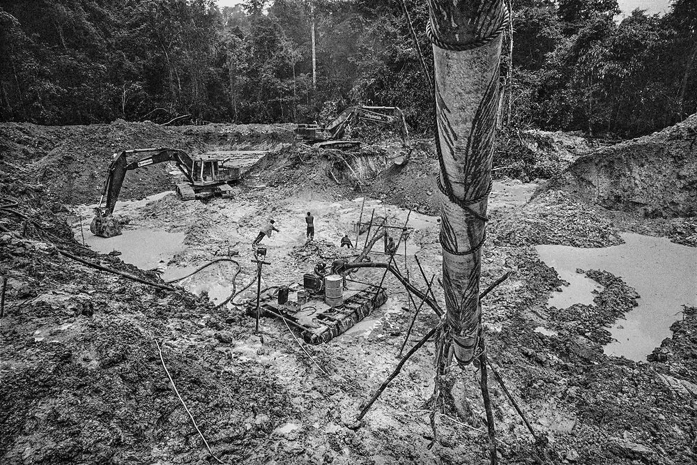 French guiana, dorlin, inini.<br />
<br />
Exploitation aurifere. La terre est retournee et lavee a la recherche de paillettes qui seront amalgamees par addition de mercure.<br />
Christiane TAUBIRA, depute de Guyane, publie un rapport : « Si l'on prend en compte les couts environnementaux, sanitaires et sociaux engendres par cette activite, on peut s'interroger sur la valeur ajoutee creee par l'activite aurifere… La ou il n'y a pas moyen de faire autre chose, on ne va pas dire aux gens : crevez de faim ou allez emarger au RMI ». <br />
Les orpailleurs du Syndicat Minier de l’Ouest Guyanais, soulignent pour leur part que l’activite aurifere est le seul secteur productif capable d’absorber une main d’œuvre abondante et peu formee. Elle permet a la population locale de ne plus dependre du versement des diverses prestations sociales qui constituent l’essentiel des revenus des familles. Les efforts entrepris par certains pour assainir et moderniser la profession se heurtent pourtant aux limites de la legalite.