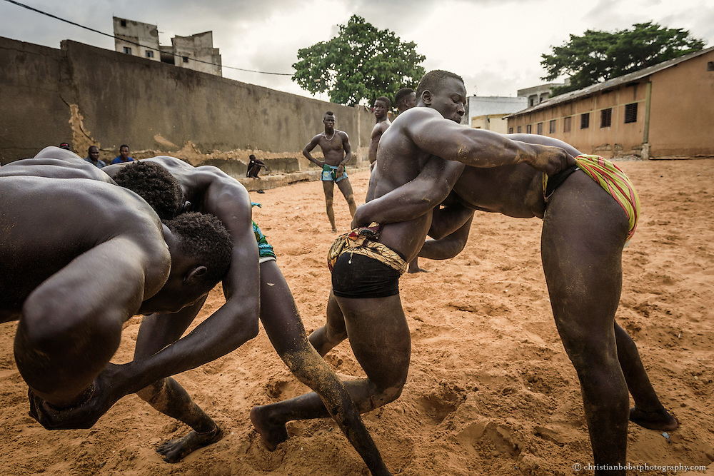 Wrestlers compete in the wrestling school of Ex-Wrestler Balla Gaye on August 10, 2015. The Star-Wrestler Balla Gaye 2 and many other successful wrestlers have arisen from this famous school, which was the first official wrestling school in Senegal.