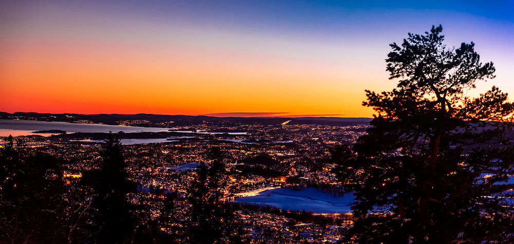 Panoramic high angle view of Oslo and the Oslo fjord, Norway.
