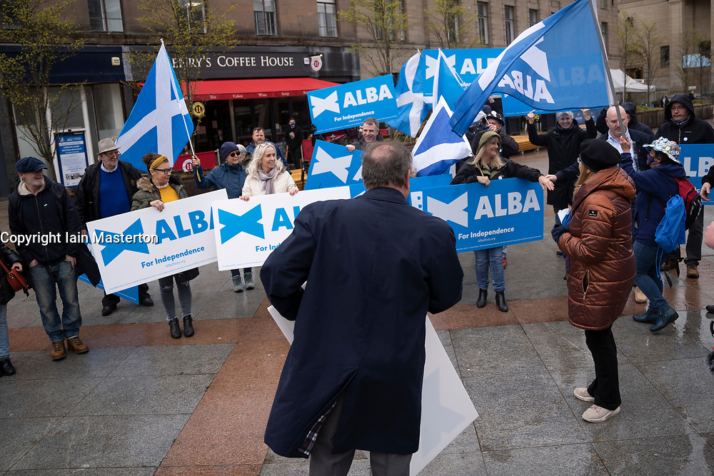 Dundee, Scotland, UK. 27 April 2021. Leader of Alba party Alex Salmond meets local Yes campaigners and supporters in Dundee, a heavily pro independence city today. Iain Masterton/Alamy Live News
