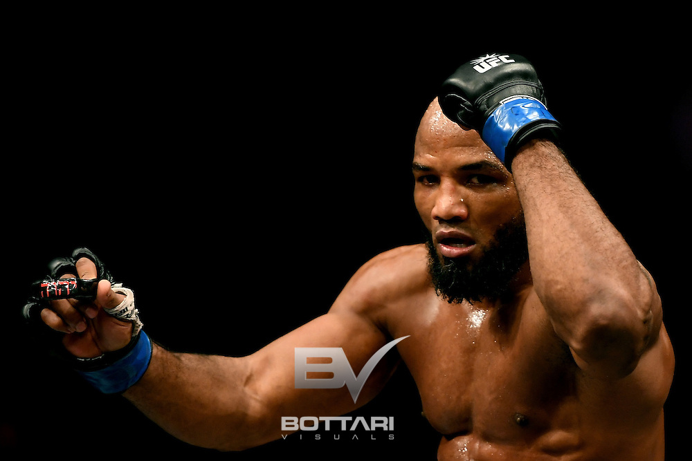 NEW YORK, NY - NOVEMBER 12: Yoel Romero of Cuba reacts after his KO victory over Chris Weidman of the United States (not pictured) in their middleweight bout during the UFC 205 event at Madison Square Garden on November 12, 2016 in New York City. (Photo by Jeff Bottari/Zuffa LLC/Zuffa LLC via Getty Images)