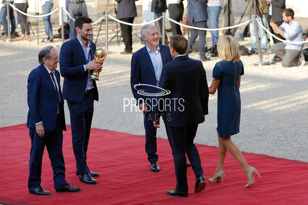 Noel Le Graet, Hugo Lloris, Didier Descahmps, Emmanuel Macron, Brigitte Macron during the reception of the French team at Elysée after winning the 2018 FIFA World Cup Russia on July 16, 2018 in Paris, France - Photo Stephane Allaman / ProSportsImages / DPPI
