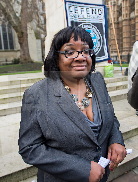 © Licensed to London News Pictures. 05/01/2016. London, UK. Labor MP DIANE ABBOTT speaking at a demo against the planned housing bill in Westminster, London on the day that Jeremy Corbyn is expected to announce a shadow cabinet reshuffle. Photo credit: Ben Cawthra/LNP