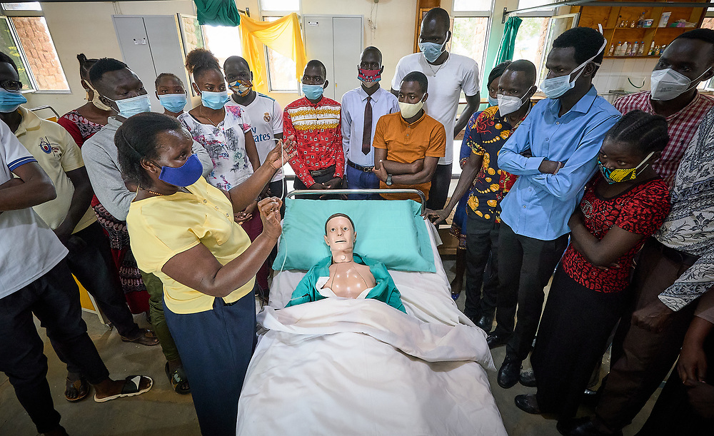 Clara Obiru teaches nursing students how to insert a nasal gastric tube in a patient at the Catholic Health Training Institute, in Wau, South Sudan. The school, which trains nurses and midwives, is sponsored by Solidarity with South Sudan.