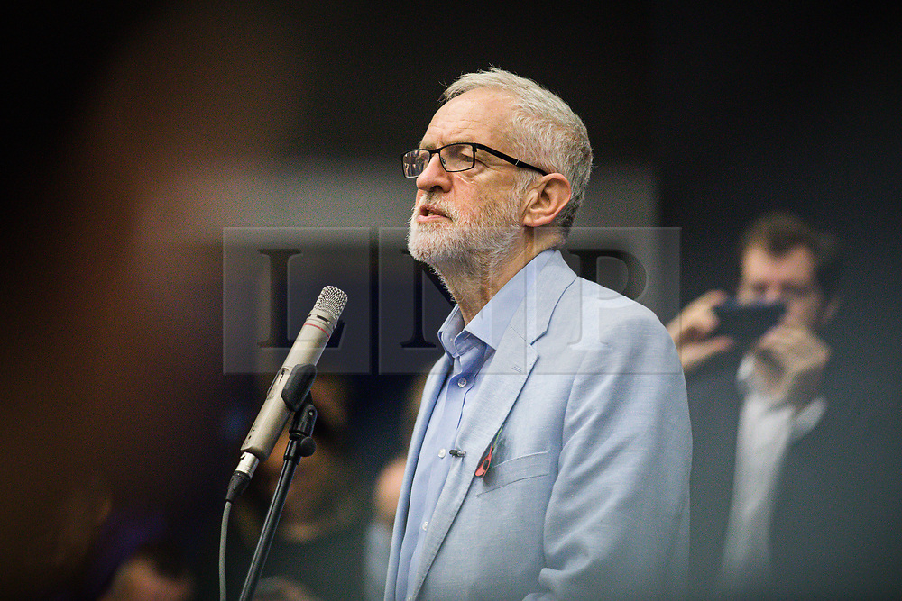 © Licensed to London News Pictures. 02/11/2019. Swindon, UK. Labour Party Leader Jeremy Corbyn speaks at Commonweal Sixth Form College in Swindon at a campaign rally ahead of the general election on 12 December. Photo credit: Rob Pinney/LNP